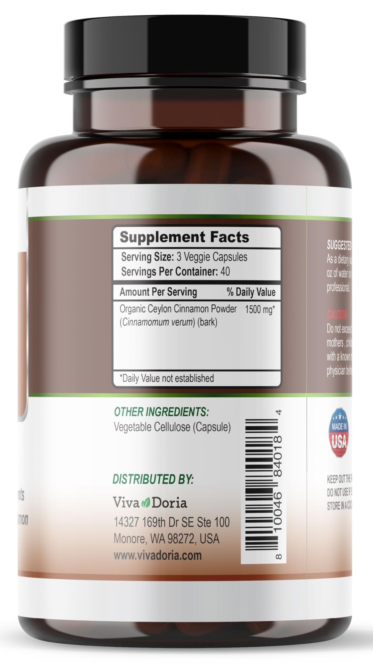 Viva Doria Ceylon Cinnamon 1500mg capsules close-up