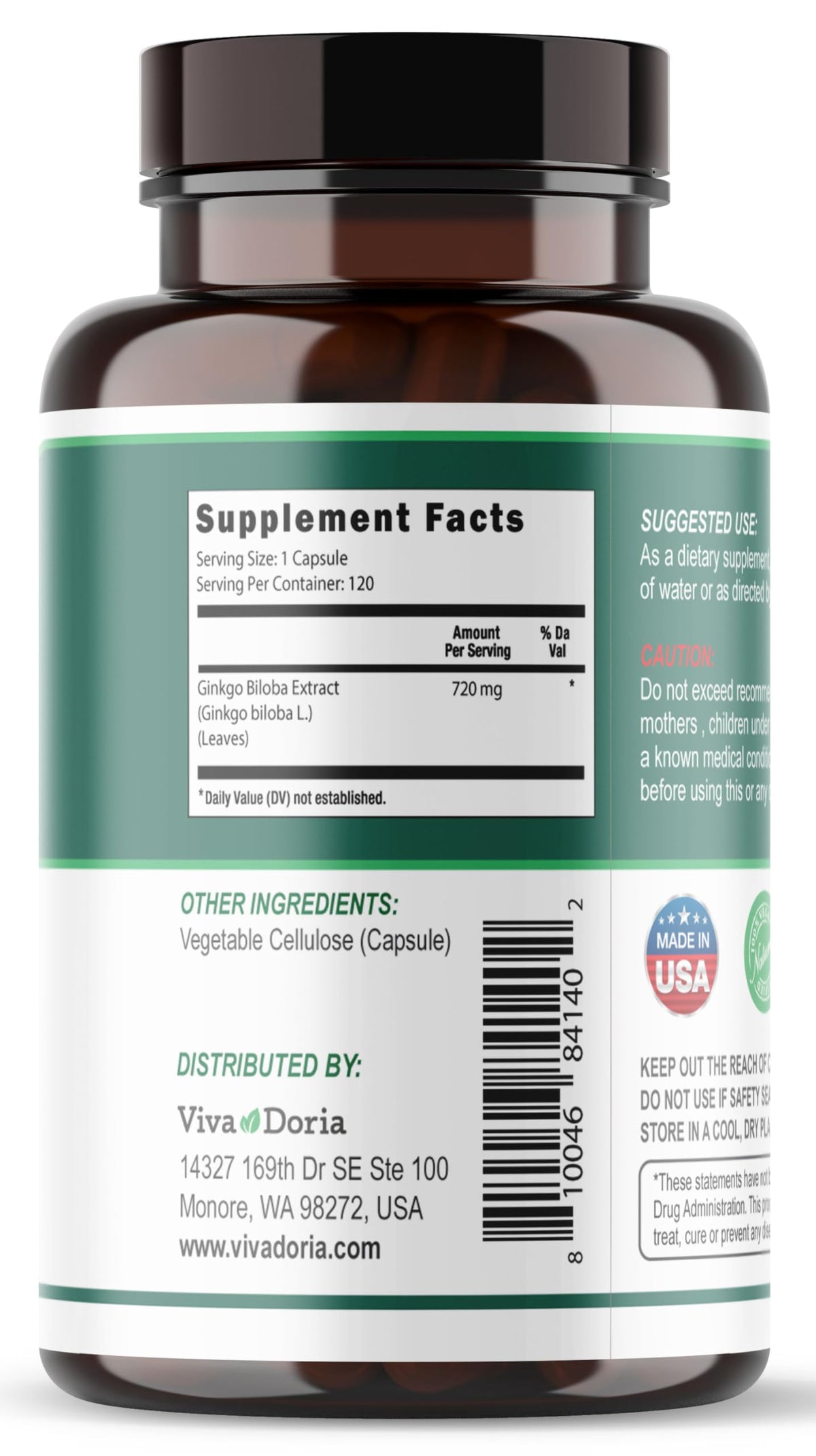 Viva Doria Ginkgo Biloba 720mg capsules végétales sur une table