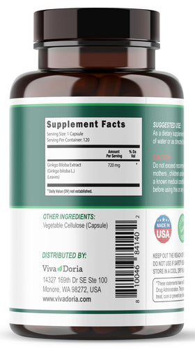 Viva Doria Ginkgo Biloba 720mg capsules végétales sur une table