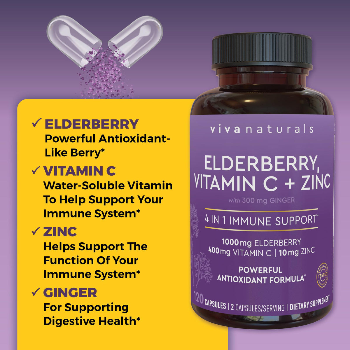 Viva Naturals Complément Alimentaire Sureau 120 Capsules capsules sur une surface