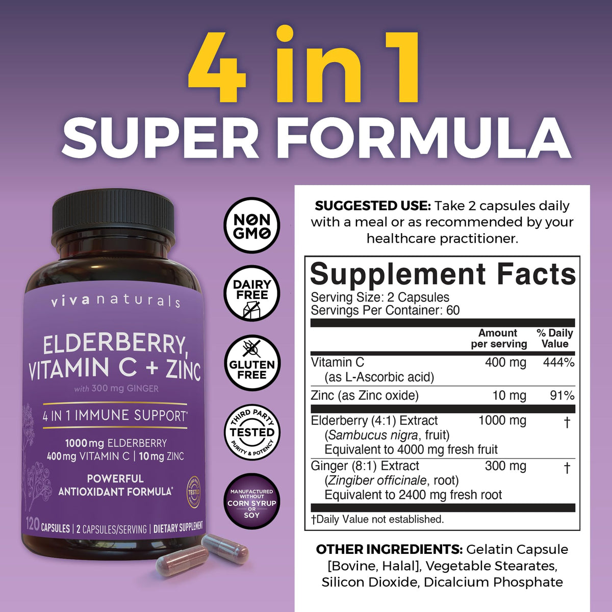 Viva Naturals Complément Alimentaire Sureau 120 Capsules étiquette