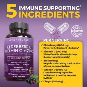 Viva Naturals Complément Alimentaire Sureau 5-en-1 avec étiquette visible
