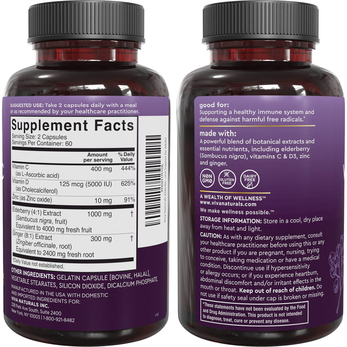 Viva Naturals Complément Alimentaire Sureau 5-en-1 avec ingrédients listés