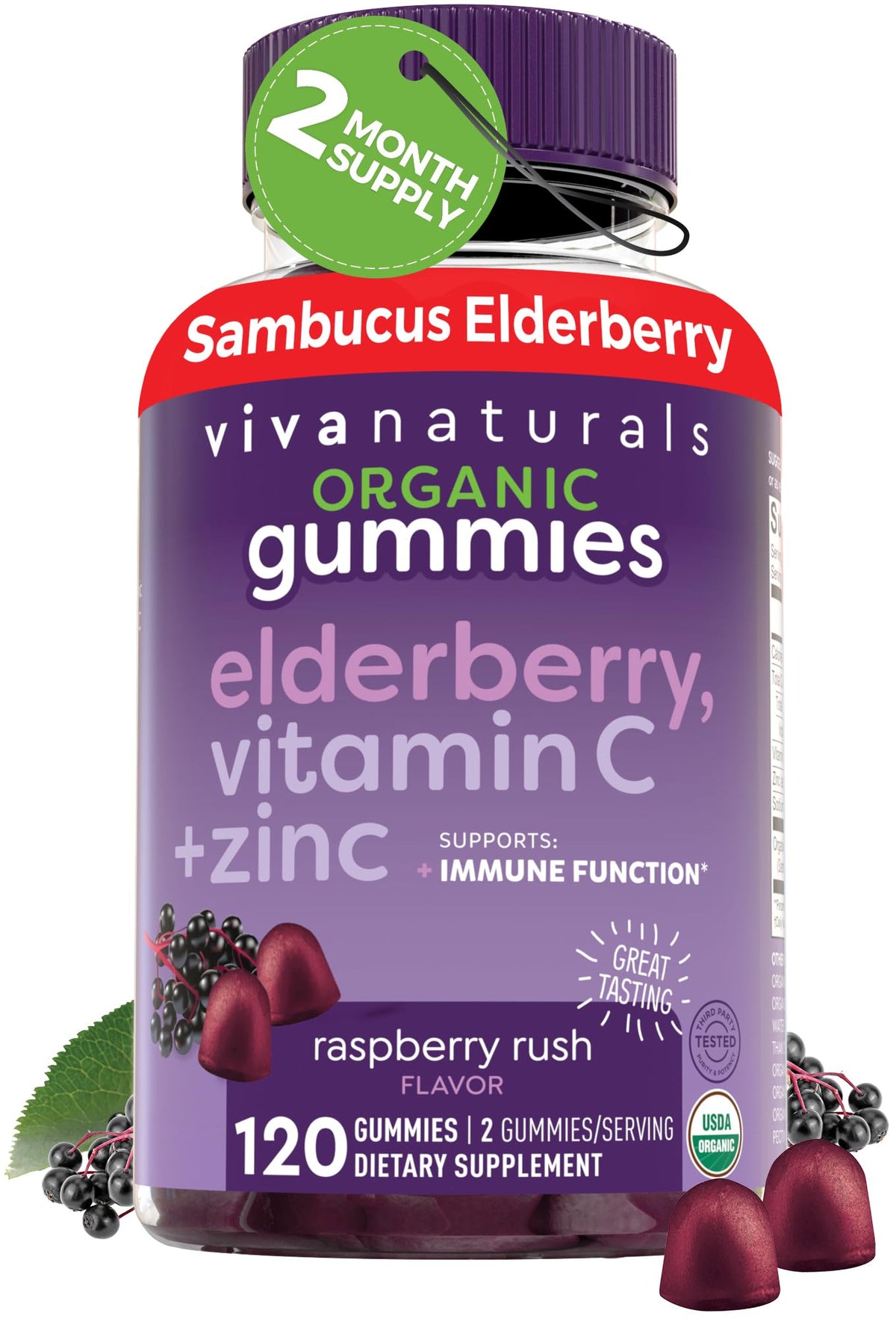 Viva Naturals Gummies de Sureau Noir 120 unités, vue de face