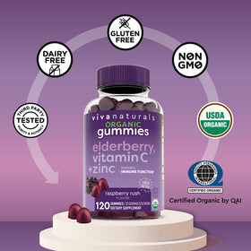 Viva Naturals Gummies de Sureau Noir, pot sur une table