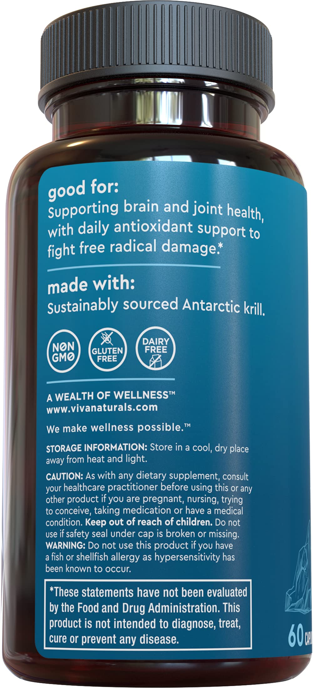 Viva Naturals Huile de Krill Antarctique 1250 mg, capsules sur fond blanc