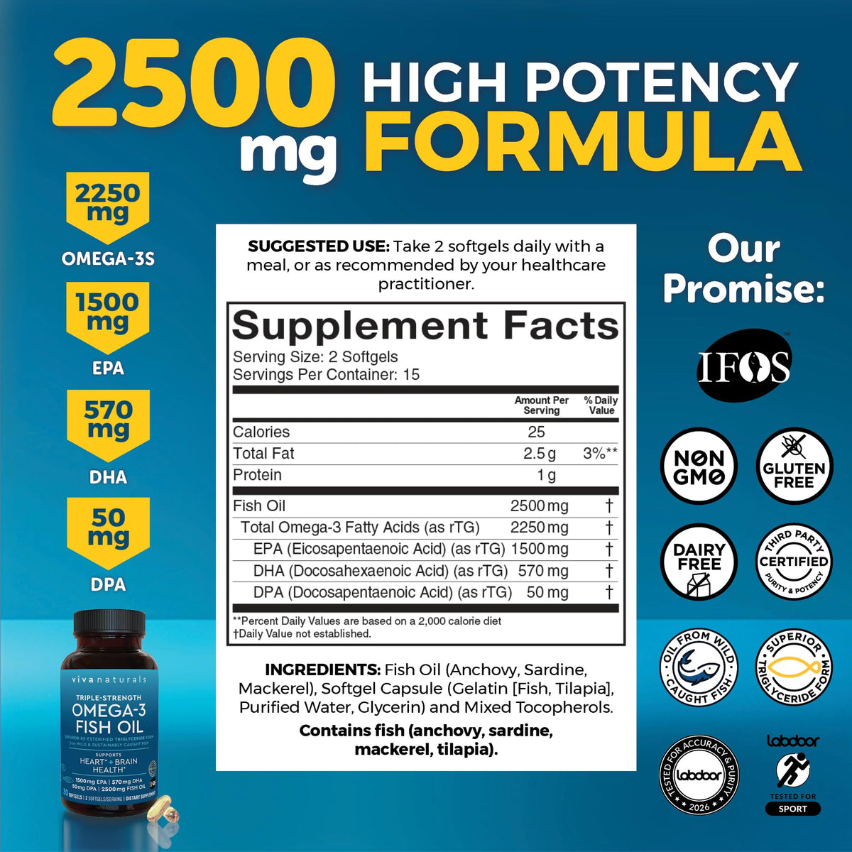 Viva Naturals Huile de Poisson Omega-3 2500 mg arrière