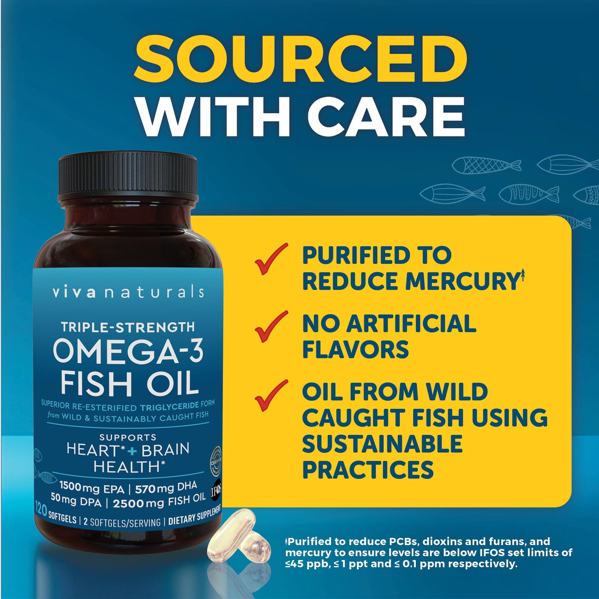 Viva Naturals Huile de Poisson Omega 3 2500 mg capsules sur une table