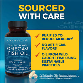 Viva Naturals Huile de Poisson Omega 3 2500 mg capsules sur une table