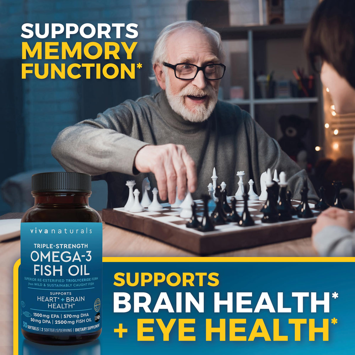 Viva Naturals Huile de Poisson Omega-3 gélules dans une main