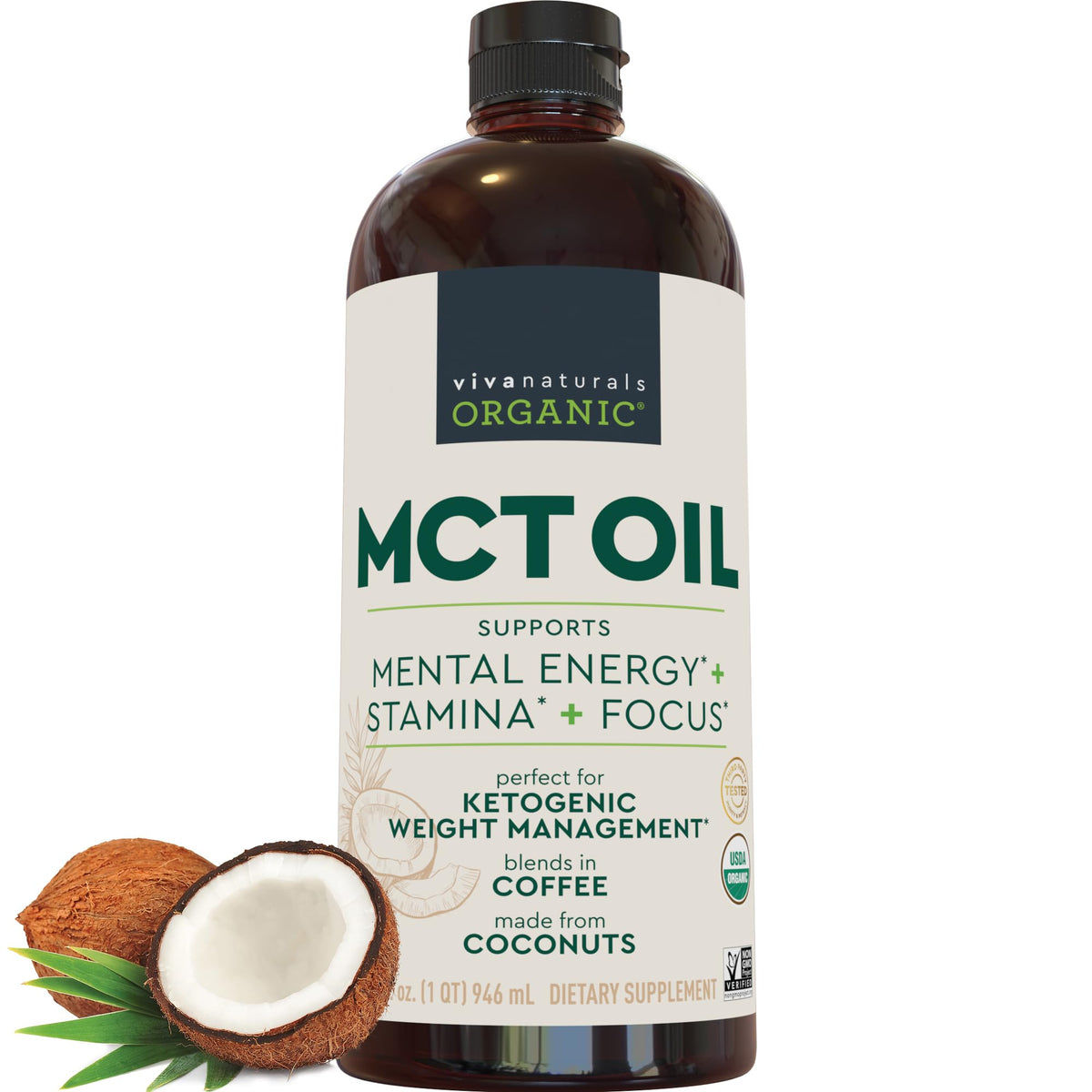 Viva Naturals Huile MCT Bio 32 fl oz vue avant avec étiquette