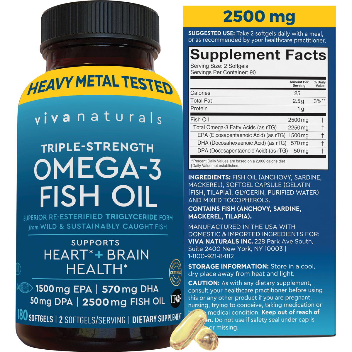 Viva Naturals Omega 3 Huile de Poisson 2500 mg flacon devant