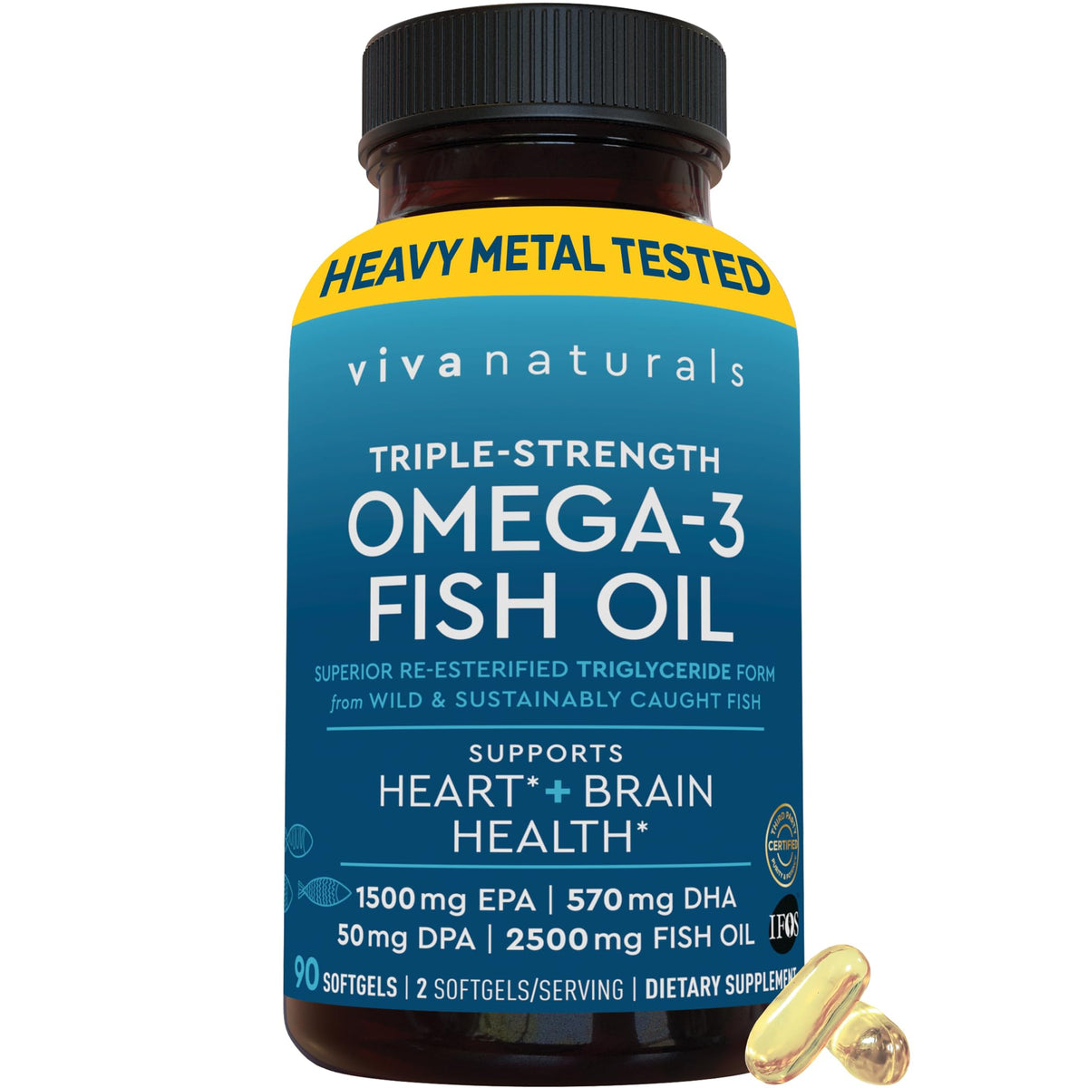 Viva Naturals Omega 3 Huile de Poisson 2500 mg gélules vue de face