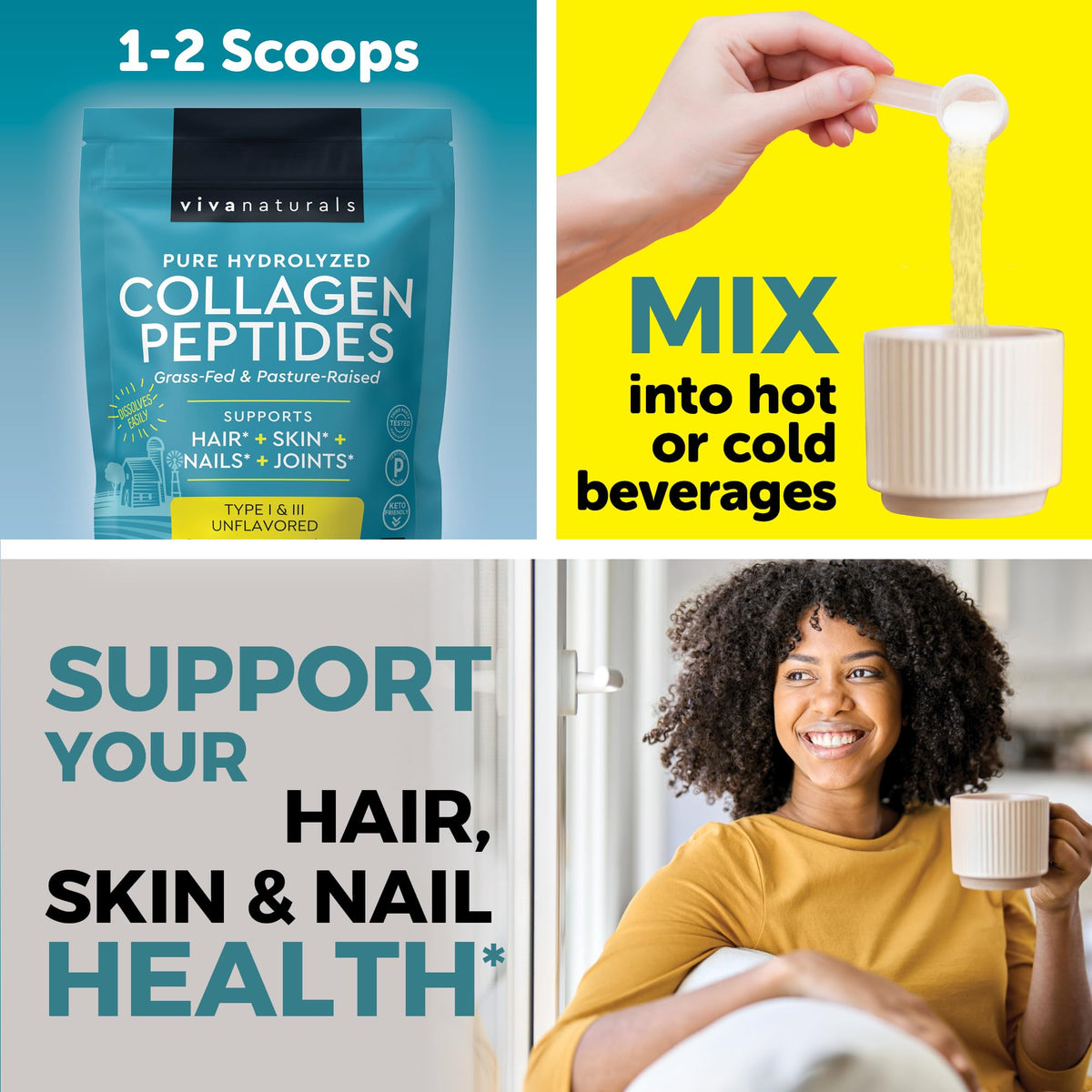 Viva Naturals Poudre de Collagène Peptides 477g sur une table