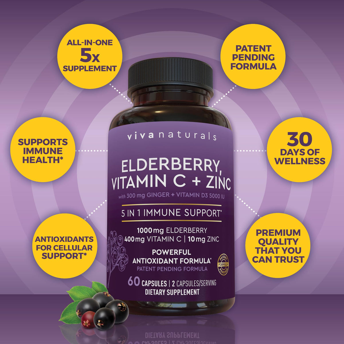 Viva Naturals Sureau Noir 1000mg avec Vitamine C et D3