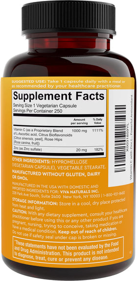 Viva Naturals Vitamine C et Zinc 1000mg 250 capsules végétales en gros plan