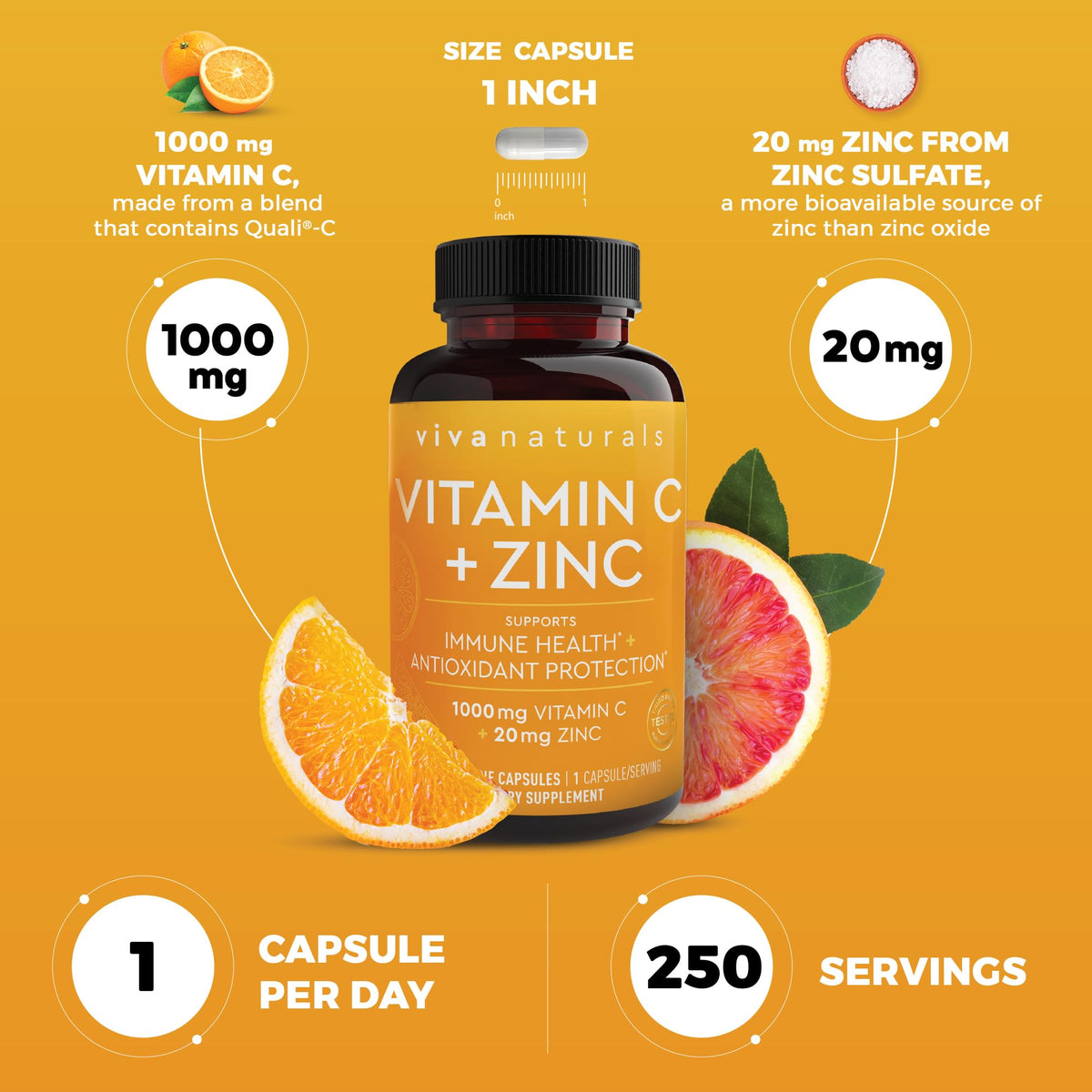 Viva Naturals Vitamine C et Zinc 1000mg 250 capsules végétales ouvertes