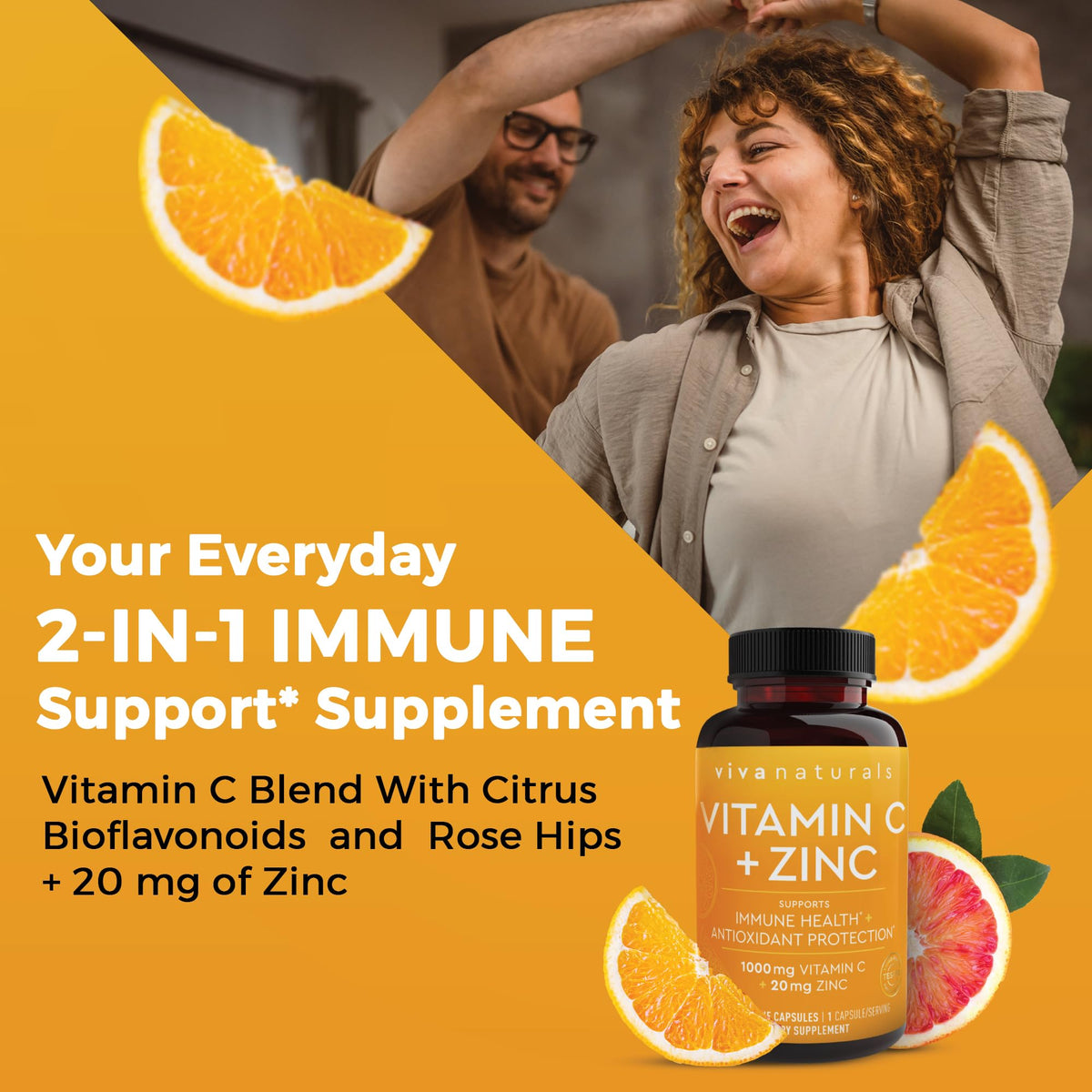 Viva Naturals Vitamine C et Zinc 1000mg 250 capsules végétales sur un fond neutre
