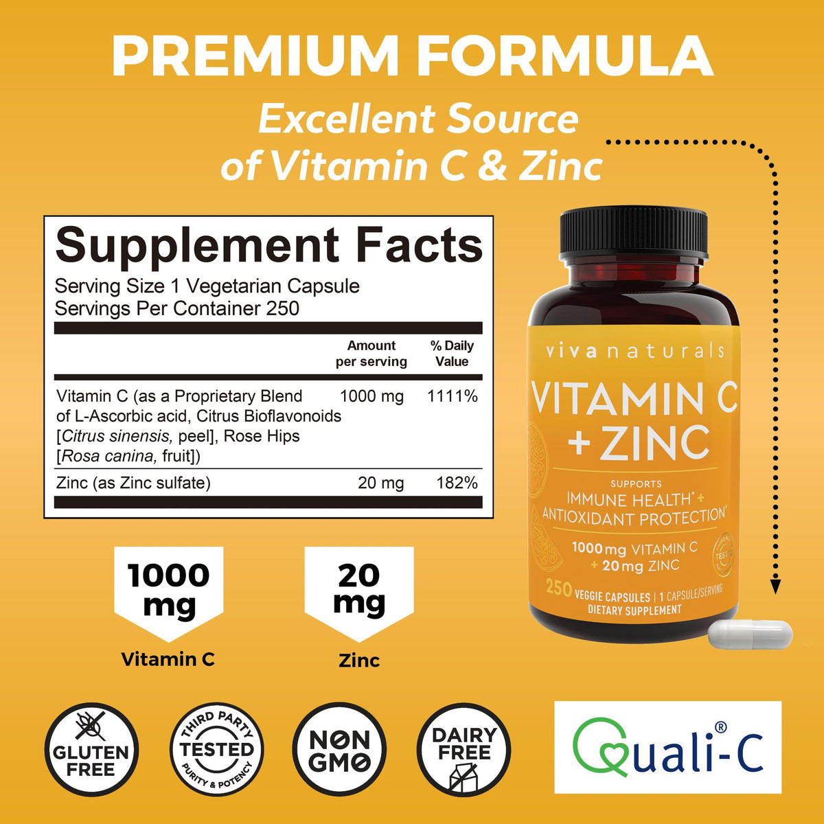 Viva Naturals Vitamine C et Zinc 1000mg 250 capsules végétales vue arrière