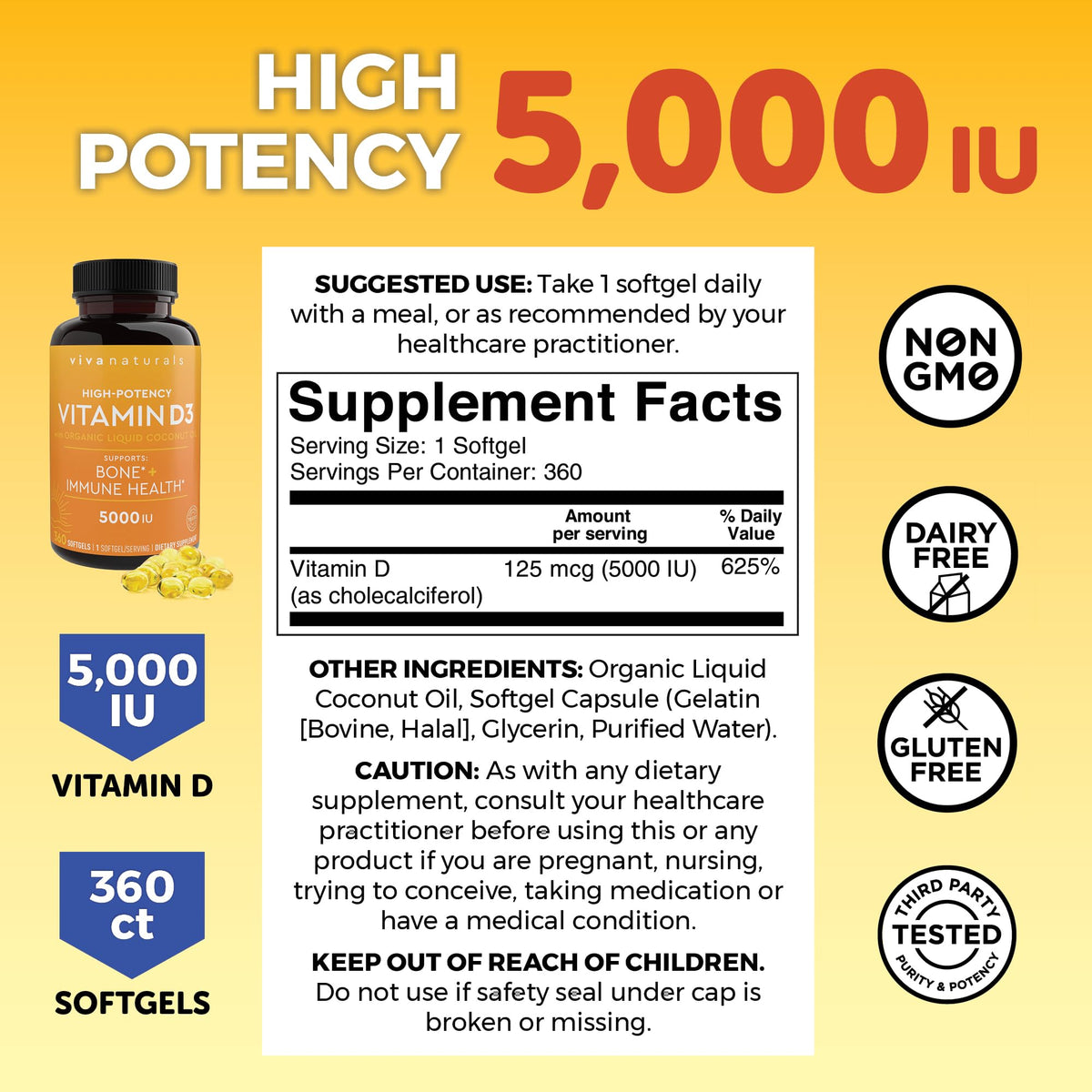 Viva Naturals Vitamine D3 5000 IU gélules molles, gélules dans un verre d'eau
