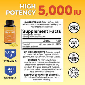 Viva Naturals Vitamine D3 5000 IU gélules molles, gélules dans un verre d'eau