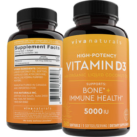Viva Naturals Vitamine D3 5000 IU gélules molles, vue de face
