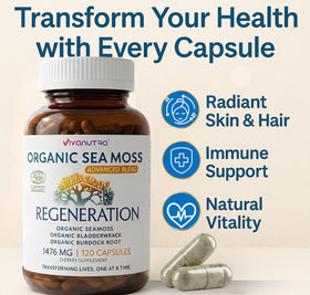 VIVANUTRA capsules de mousse de mer bio sur fond blanc