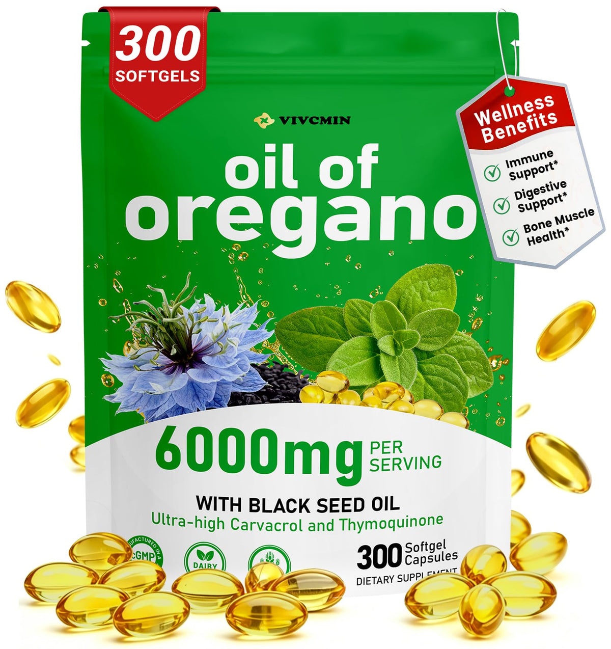 vivcmin Huile d'Origan 300 gélules sachet refermable