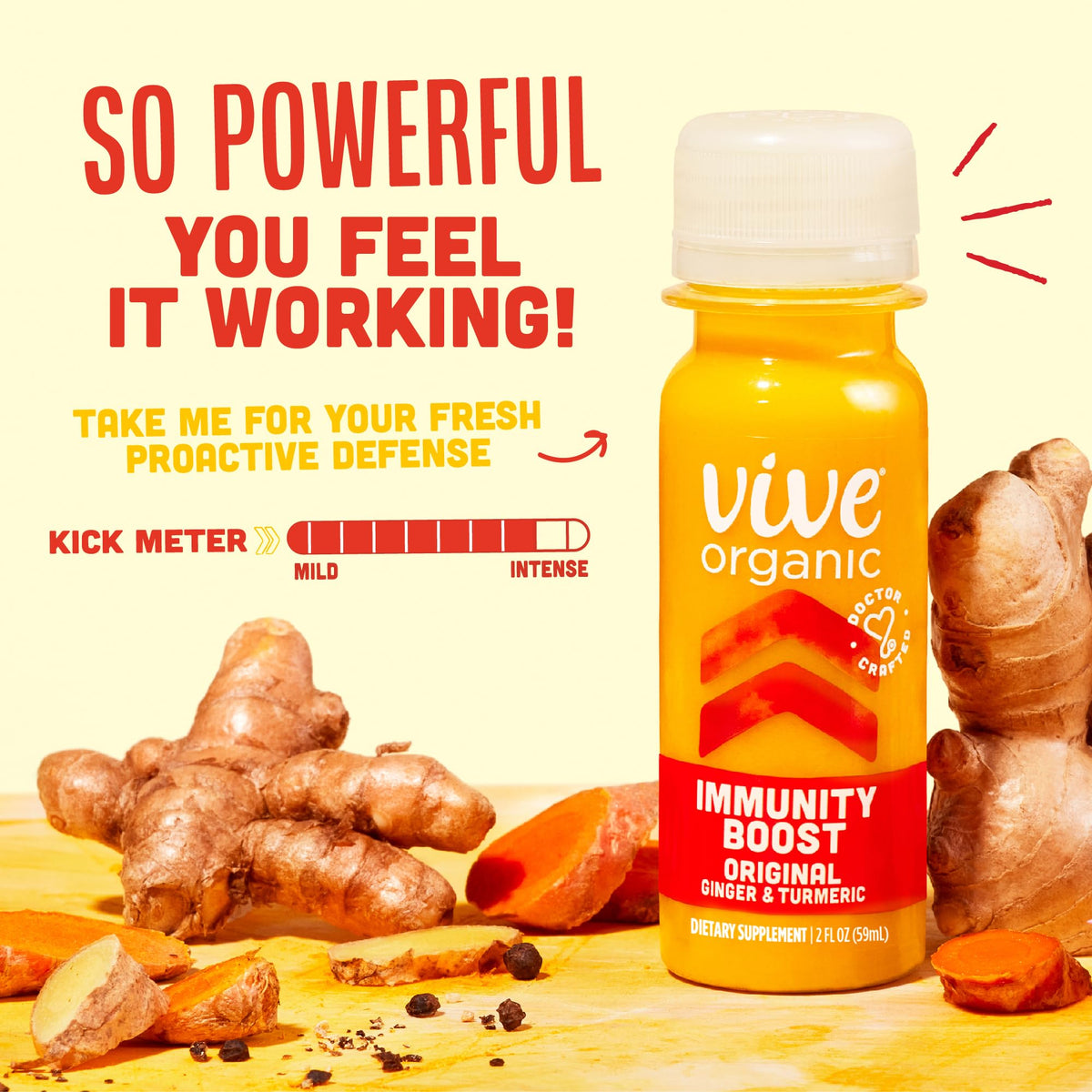 Vive Organic Shot avec des fruits frais en arrière-plan