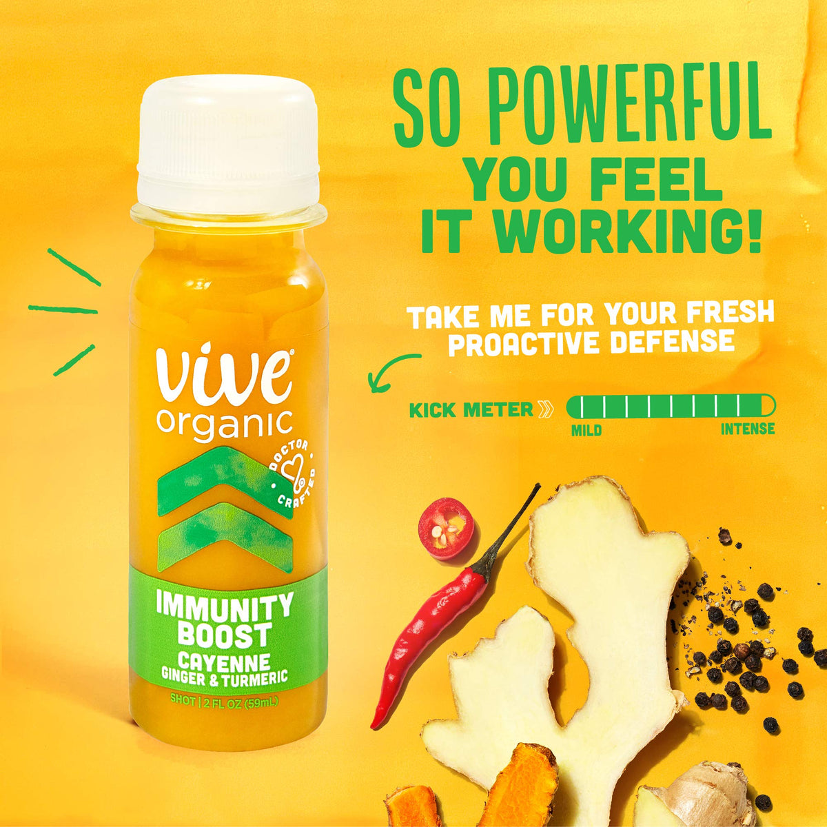 Vive Organic Shot avec un fond de fruits frais