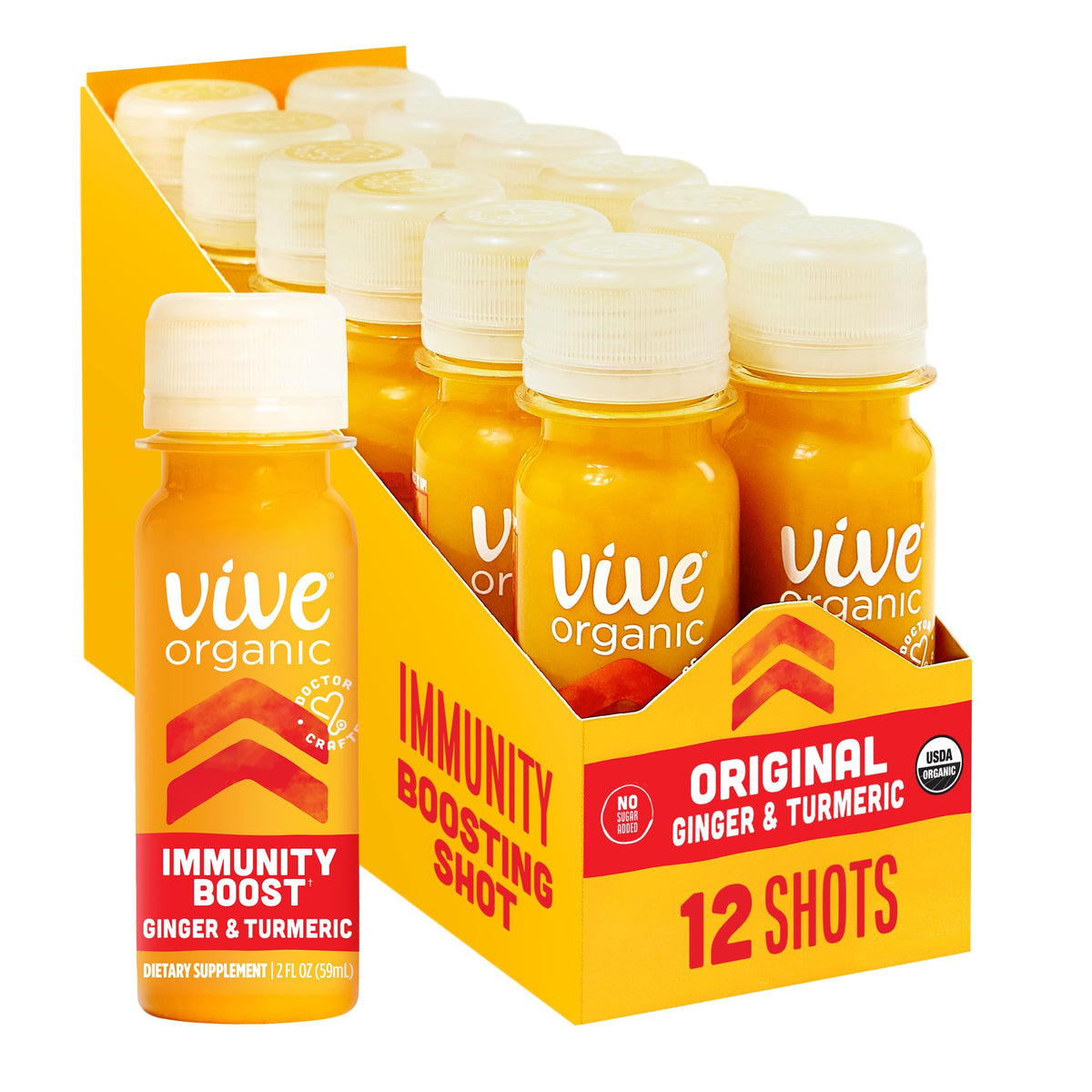 Vive Organic Shot de Gingembre, Curcuma et Échinacée, pack de 12 bouteilles