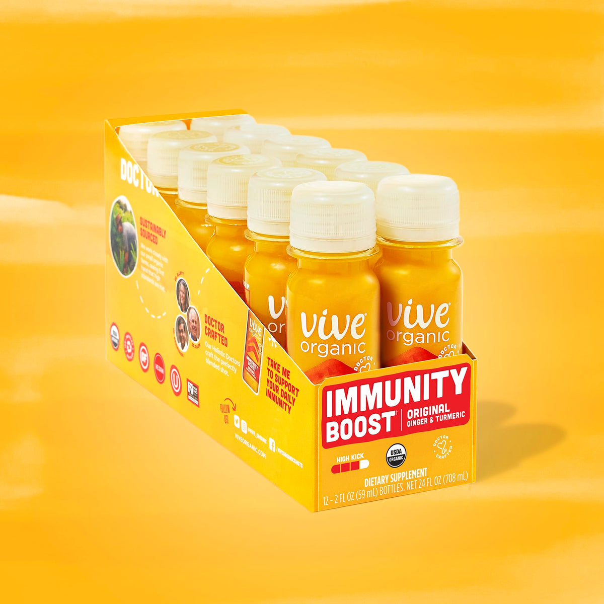 Vive Organic Shot sur une table avec d'autres produits santé