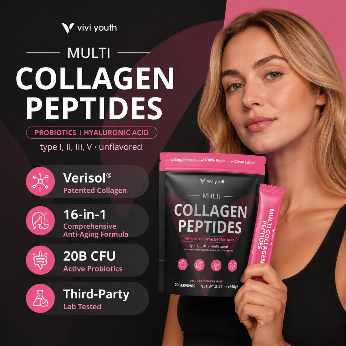 VIVI Youth Poudre de Collagène Verisol 5000mg vue de face