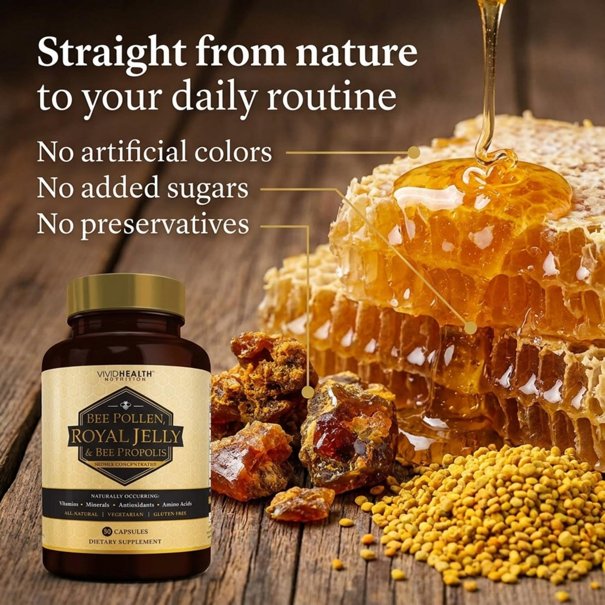 Vivid Health Nutrition Gelée Royale 90 Caps avec des fleurs et du pollen