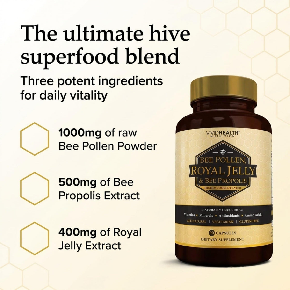 Vivid Health Nutrition Gelée Royale 90 Caps sur une table en bois