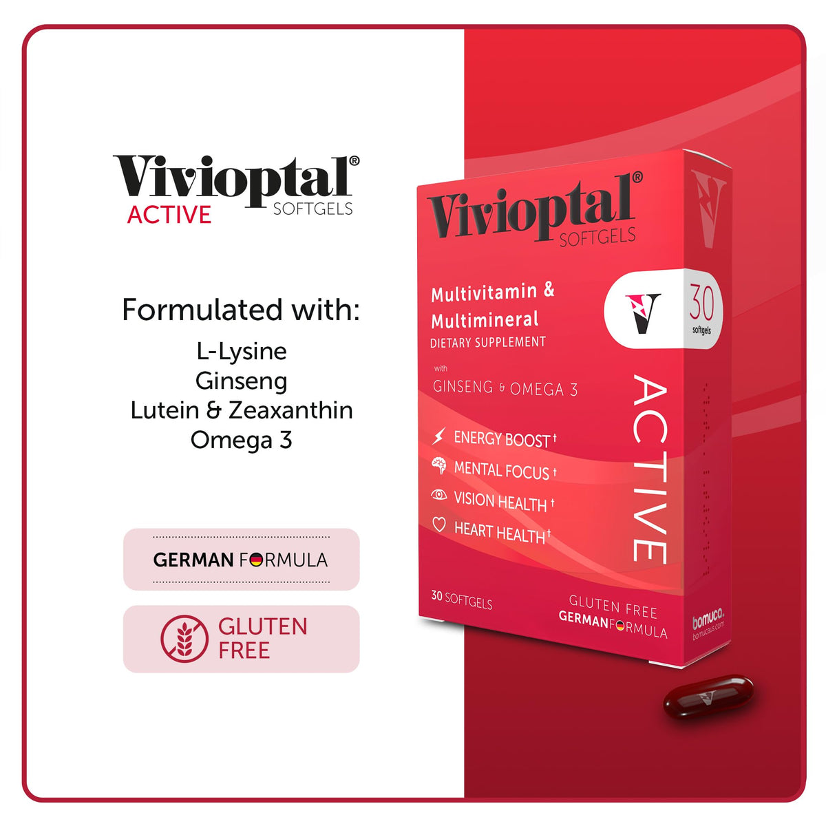 Vivioptal Active 30 gélules, détail des ingrédients sur l'emballage