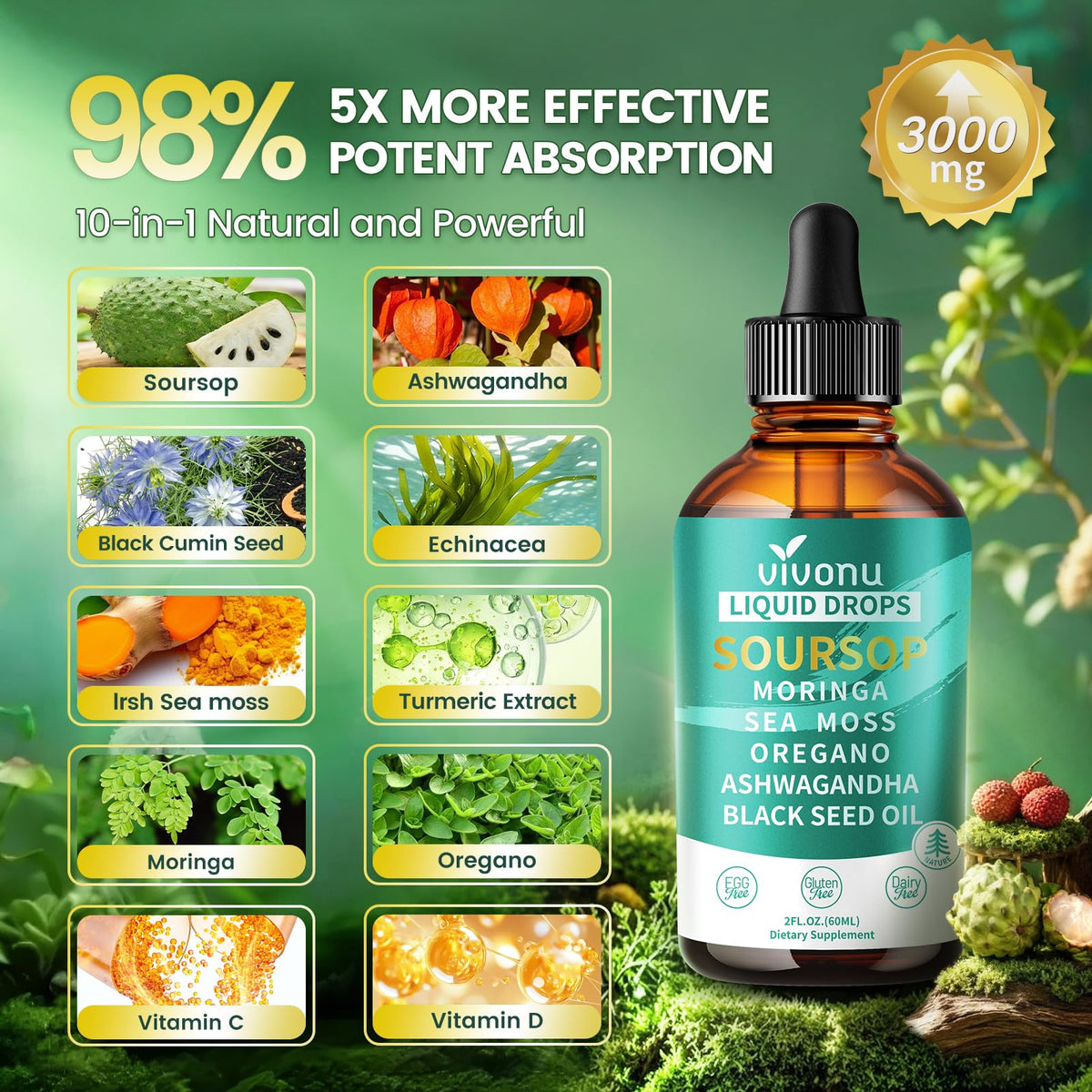 VivoNu 10 en 1 Soursop 3000mg flacon ouvert