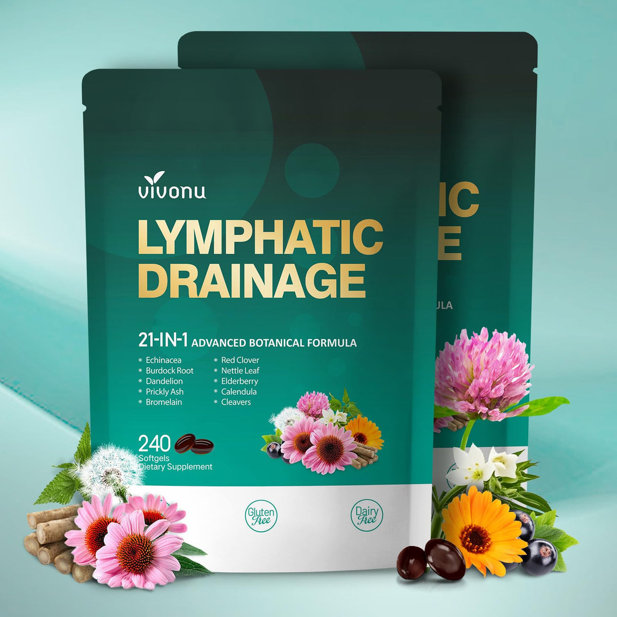 VivoNu 21-en-1 gélules de soutien lymphatique, vue avant du sachet