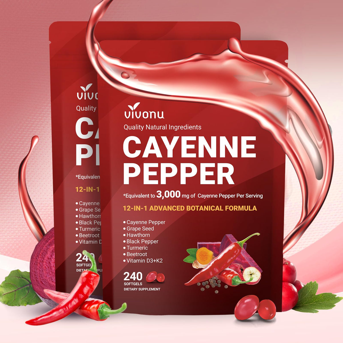 VivoNu complément alimentaire poivre de cayenne 480 capsules vue de face