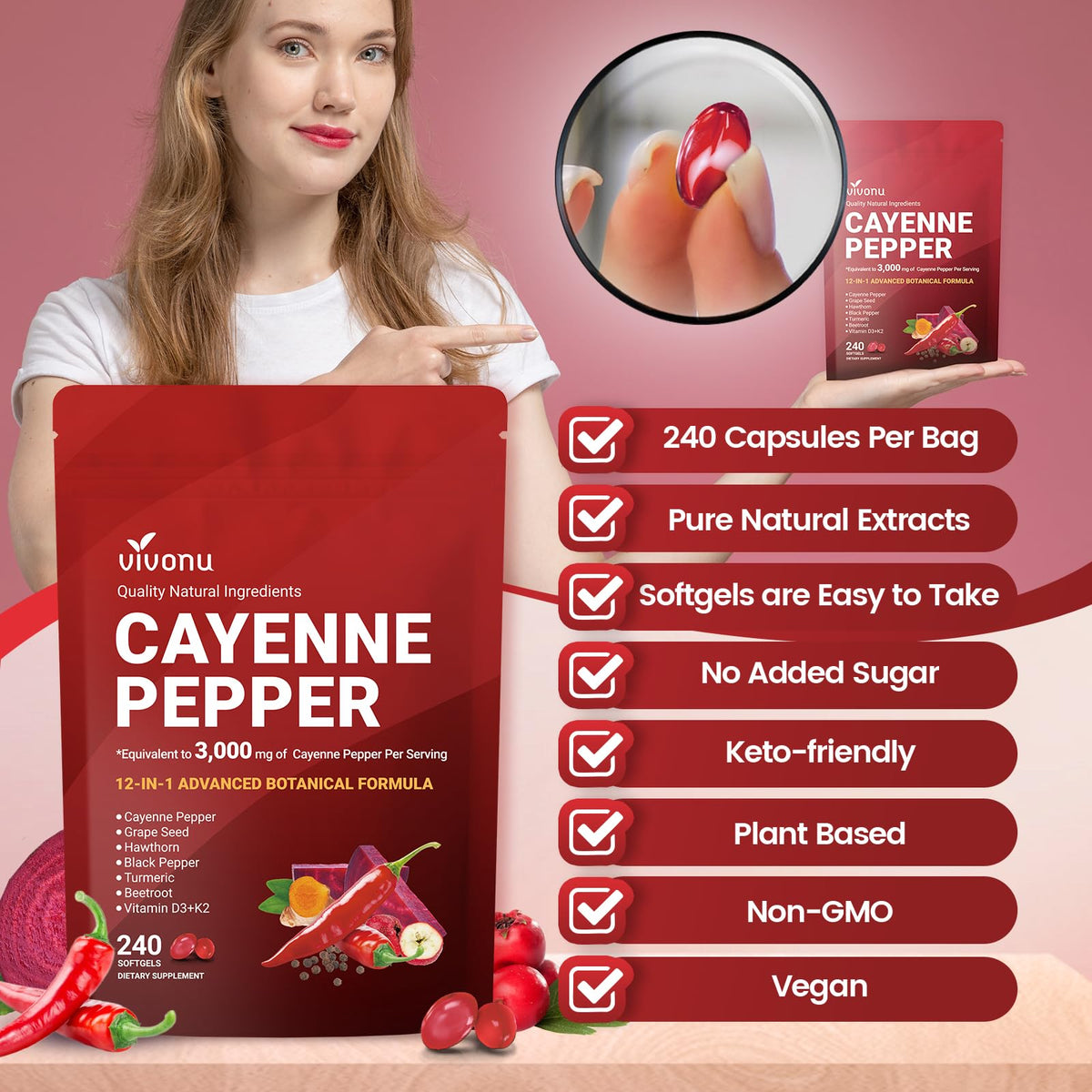 VivoNu complément alimentaire poivre de cayenne avec informations nutritionnelles