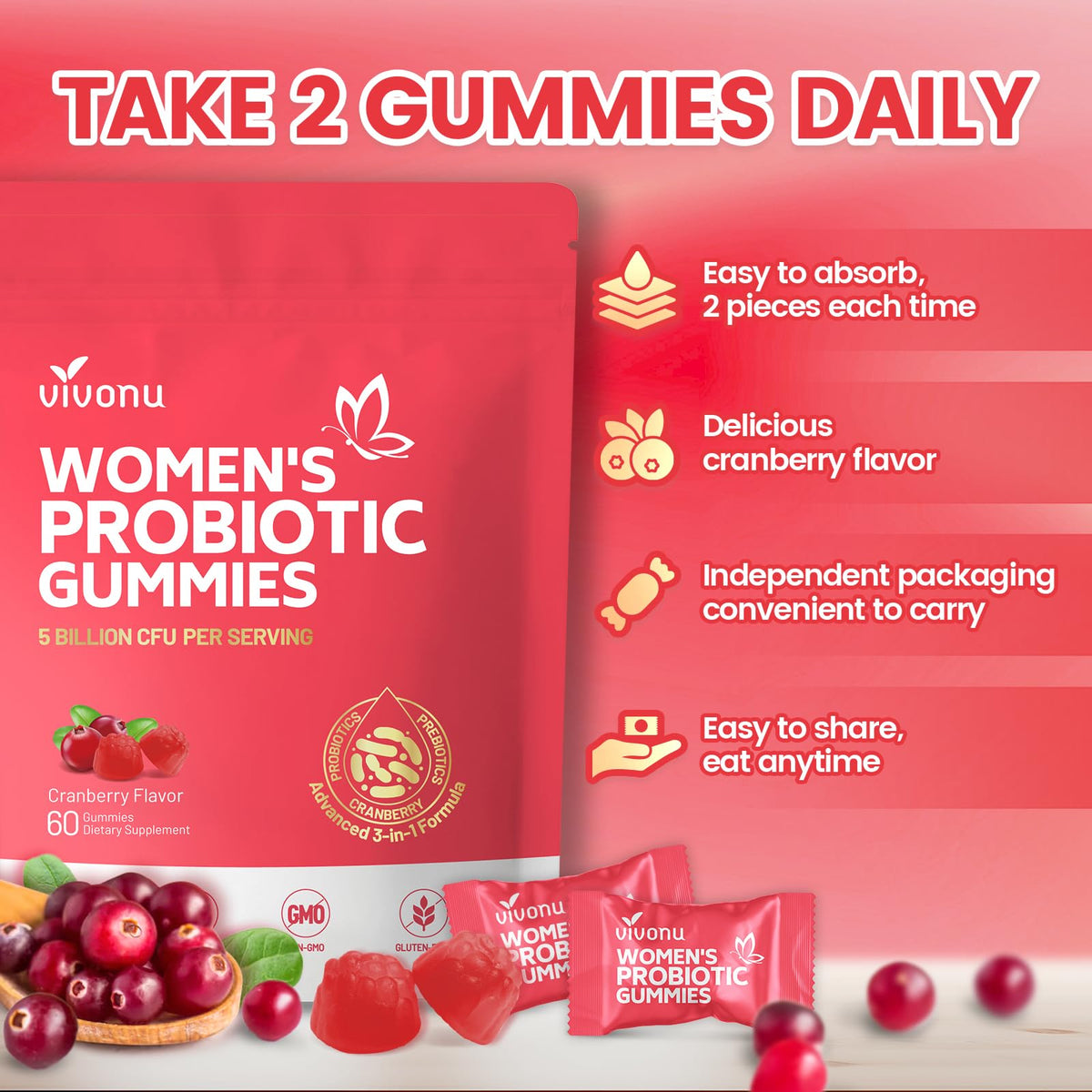 VivoNu Gummies Probiotiques Féminins 60 Gummies en gros plan
