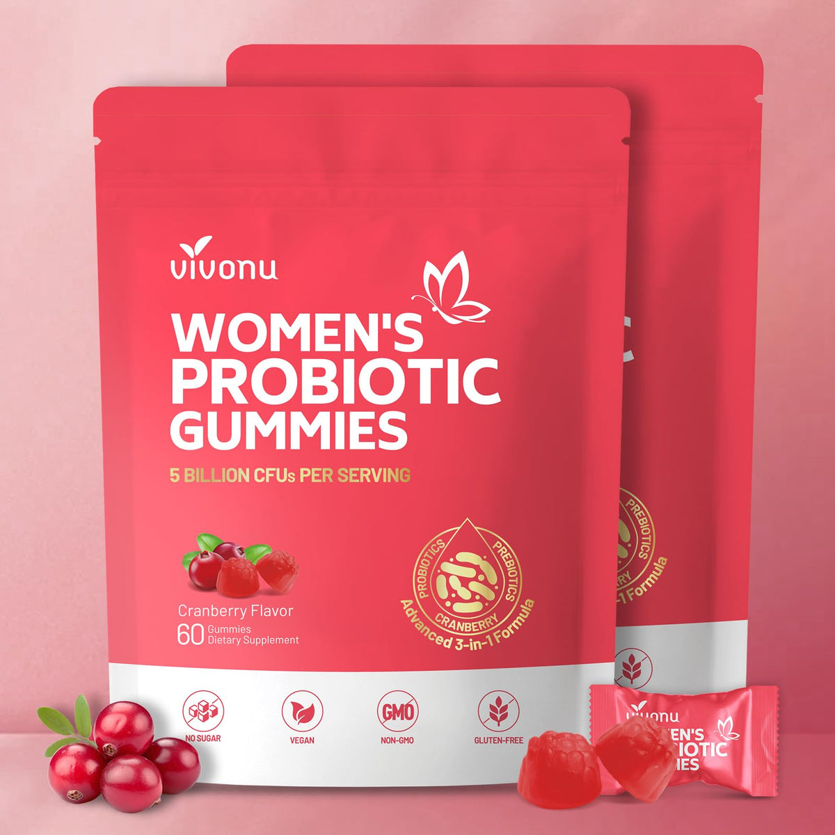 VivoNu gummies probiotiques féminins, sachet de 60 unités