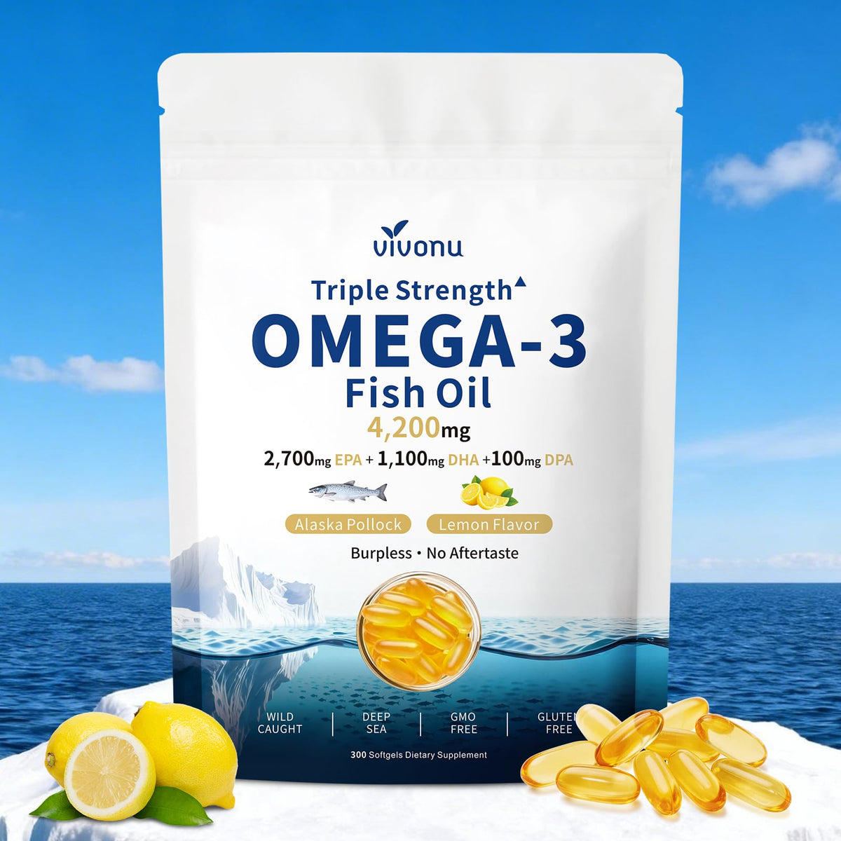VivoNu Huile de Poisson Omega 3 4200mg 300 gélules vue de face