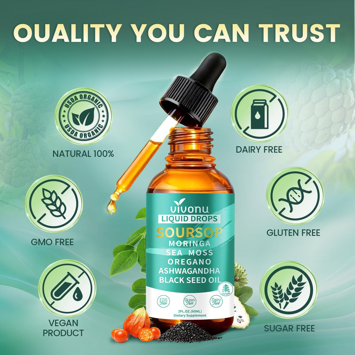 VivoNu Soursop Bitters 3000mg étiquette détaillant les ingrédients