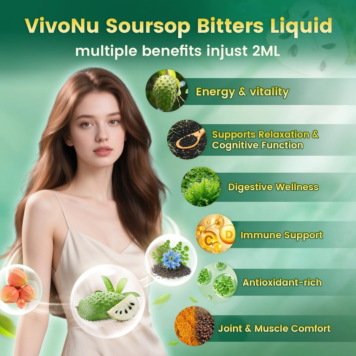VivoNu Soursop Bitters 3000mg flacon ouvert avec goutteuse