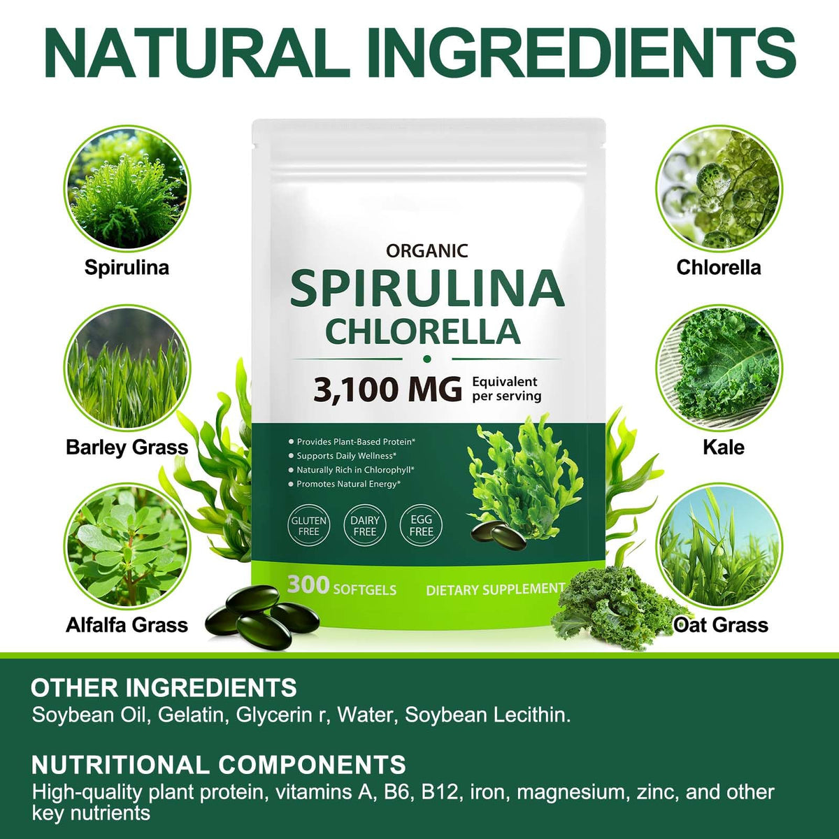 VOGSIG Capsules de Spiruline Chlorella Bio 300 Softgels sur une table