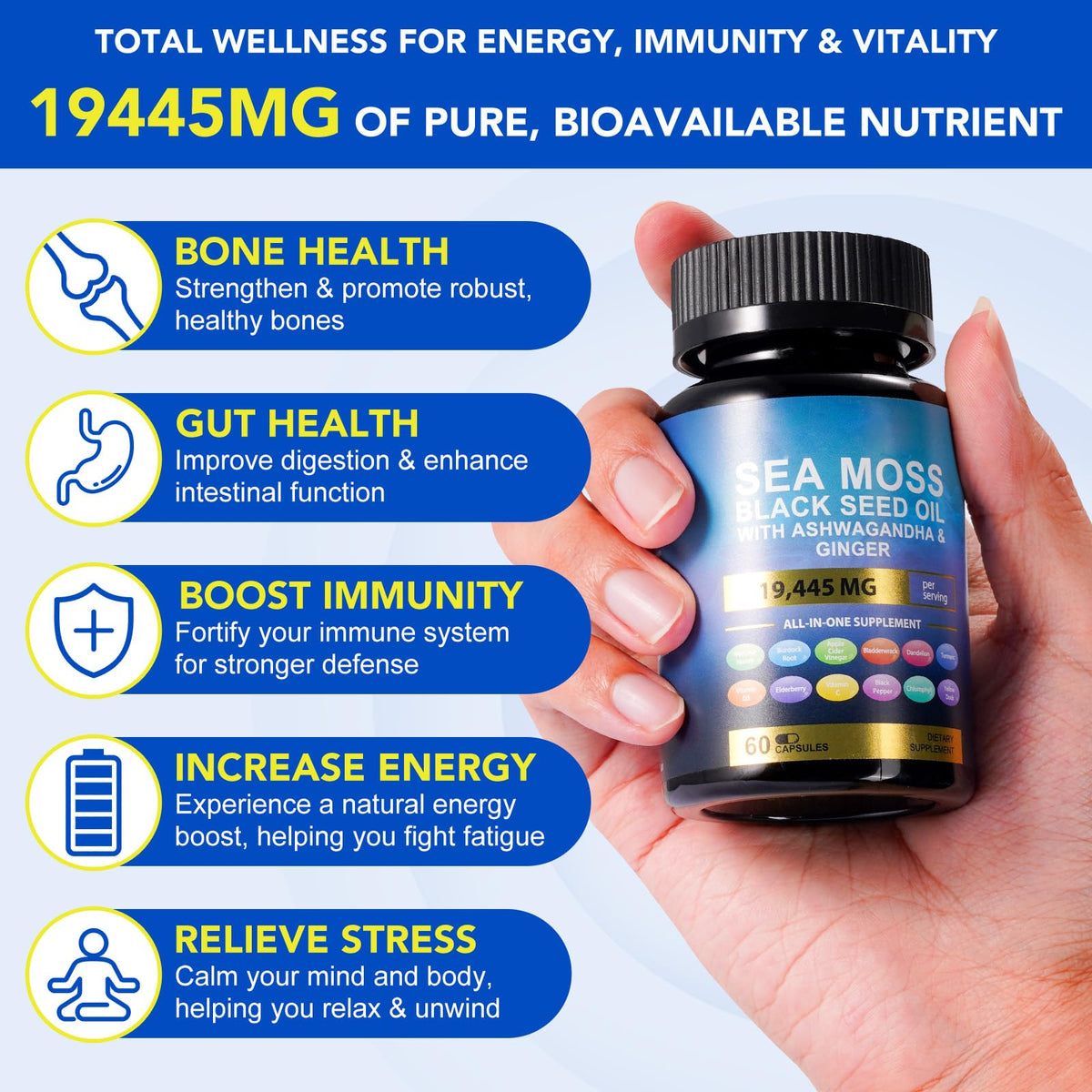 Vortexonix Capsules de Mousse de Mer et Huile de Graines Noires, contenu de l'emballage