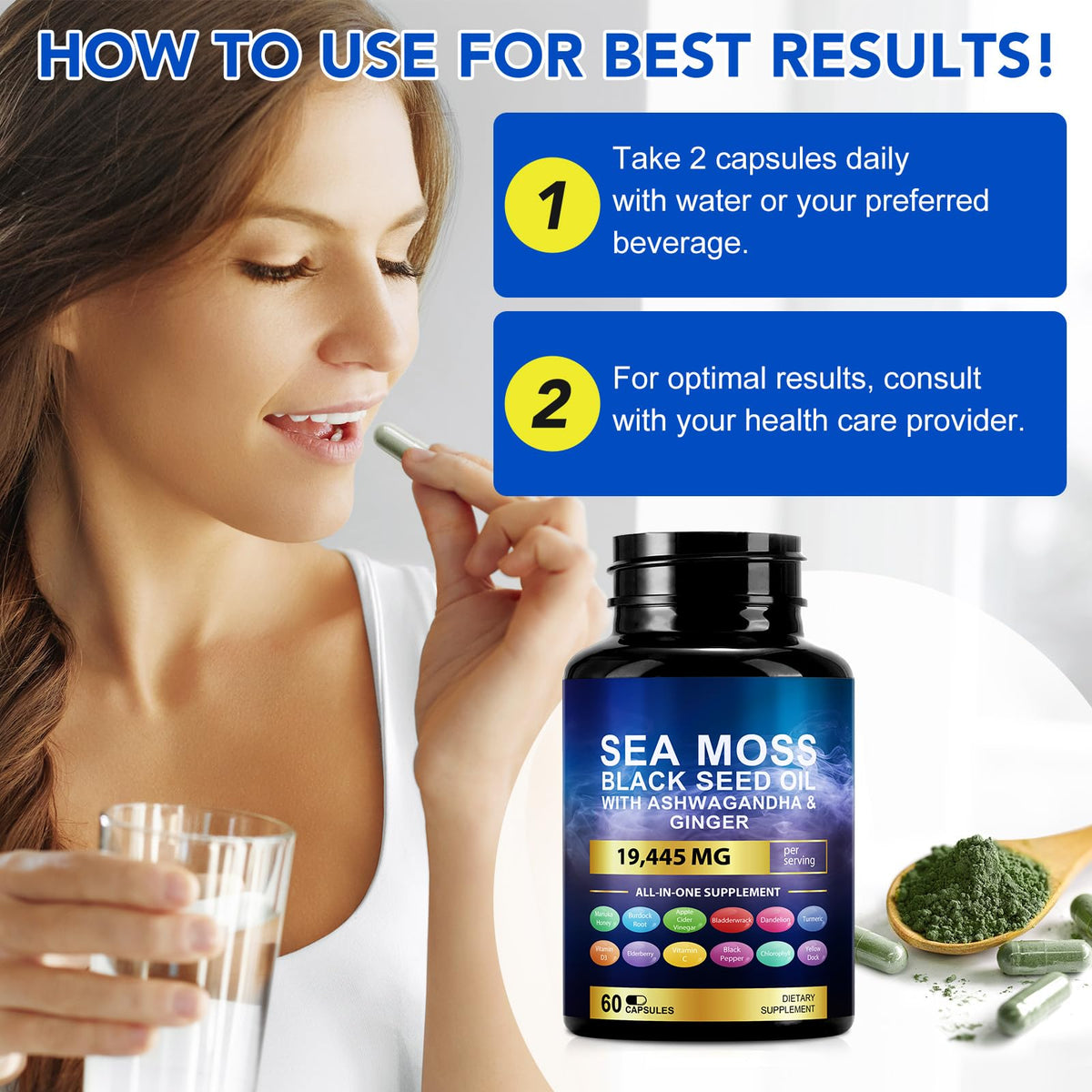 Vortexonix Capsules de Mousse de Mer et Huile de Graines Noires, étiquette avec ingrédients