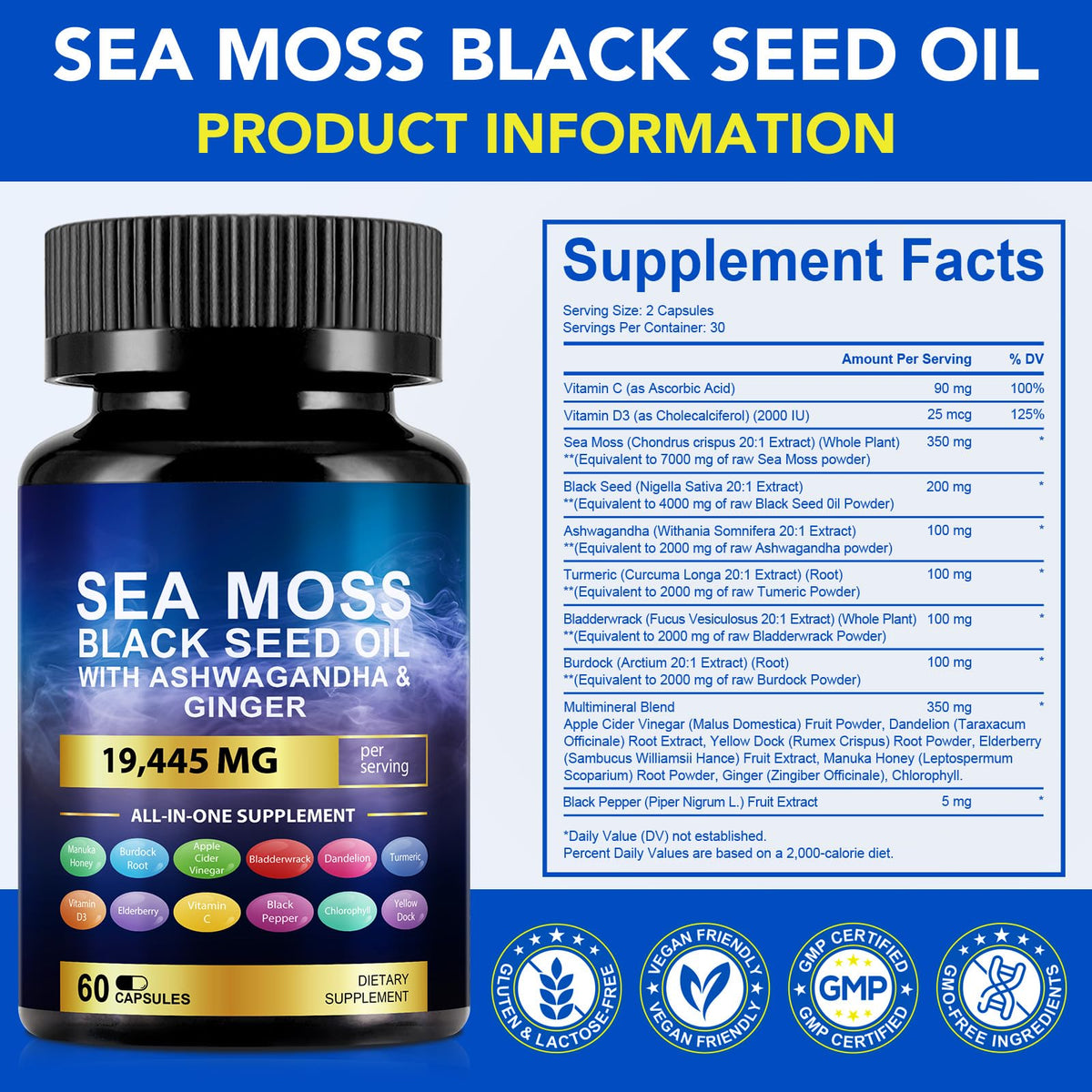 Vortexonix Capsules de Mousse de Mer et Huile de Graines Noires, taille des capsules