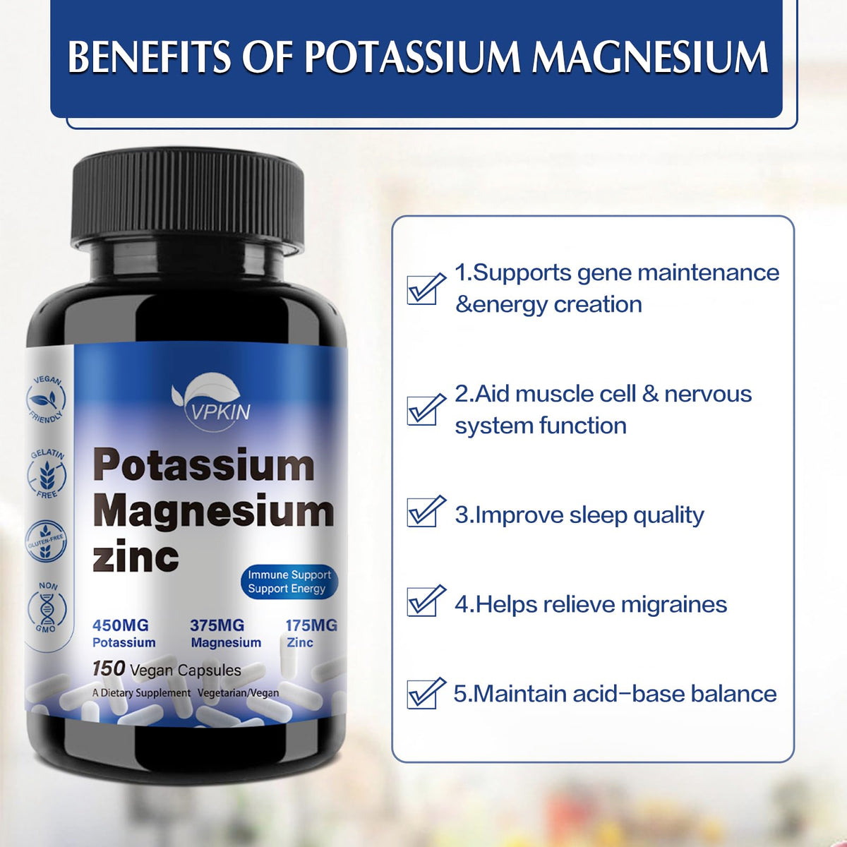 VPKIN Potassium Magnésium 1000mg capsules sur une table